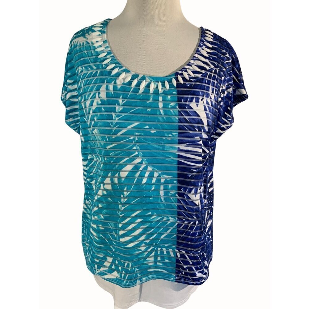 Ruby Rd Womens Round Neckline Beaded Blue White Tropical Cap Sleeve Top Medium